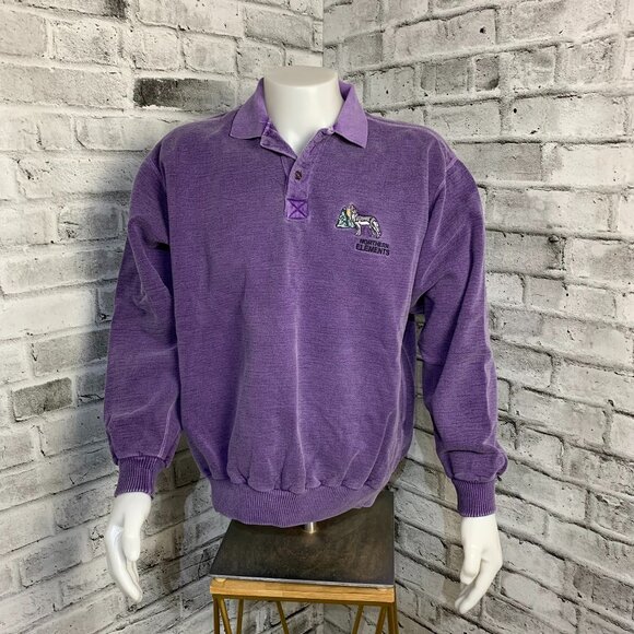Vintage Embroidered Wolf Sweatshirt Mens M Purple 1/4 Button Collar Pullover 90s - Picture 1 of 14